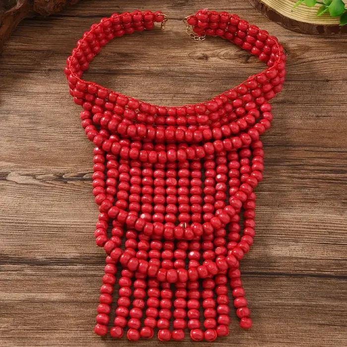 Collier vintage bohème en bois perlé, multi-couches, fait main, bijoux africains pour femmes, accessoires de fête