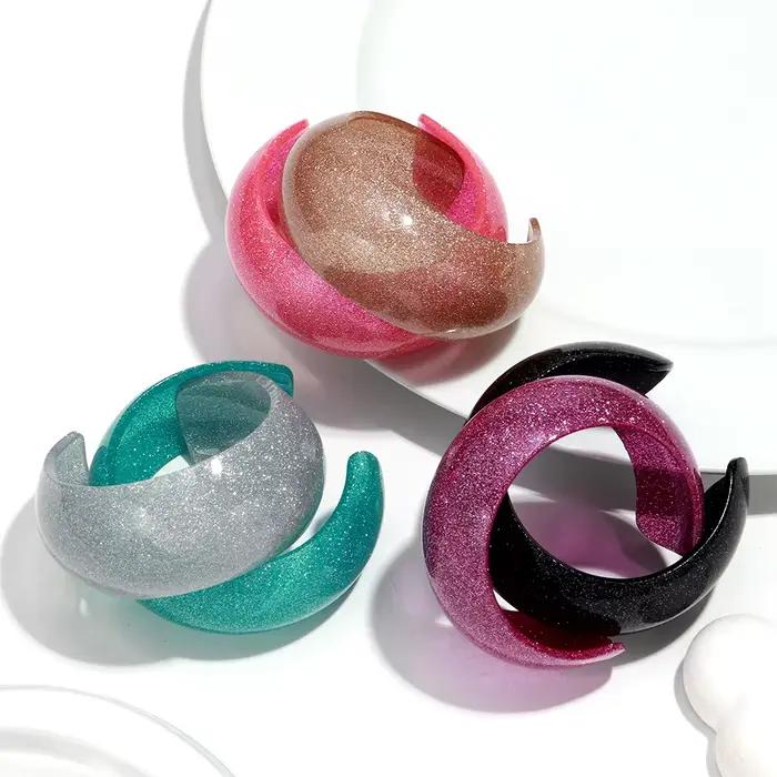 Bracelet à manchette large en acrylique à paillettes colorées pour femmes, rétro, rond en résine, ouvert, à la mode, empilable, bijoux cadeaux