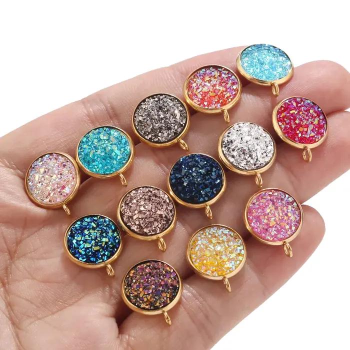 10 pièces 12mm ronde résine Druzy acier inoxydable pierre Post boucles d'oreilles résultats avec boucle or