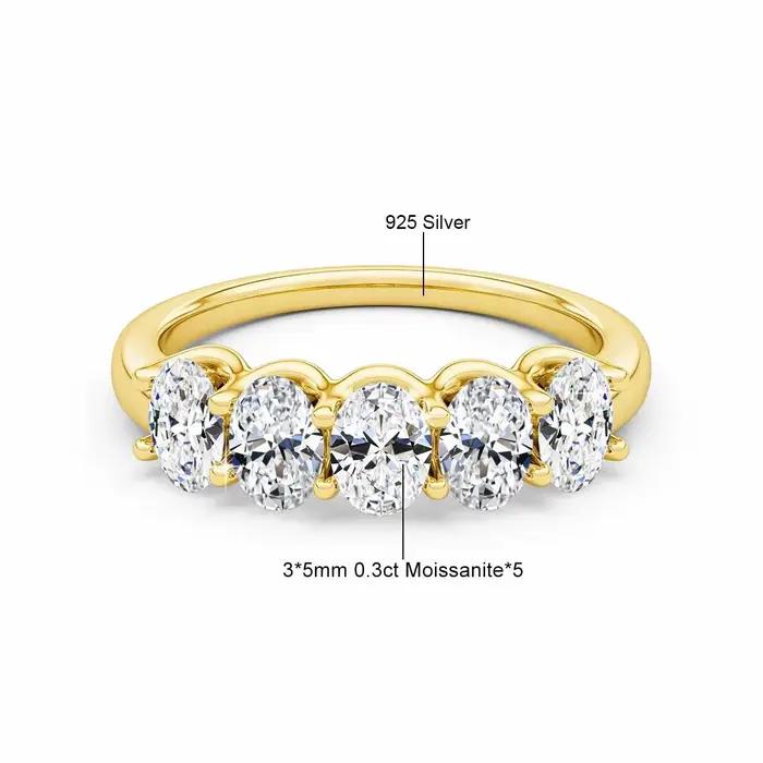Bague de fiançailles ovale en or jaune 14K, certifié GRA, Moissanite, 5 pierres, 1,5 ctw, 100% authe
