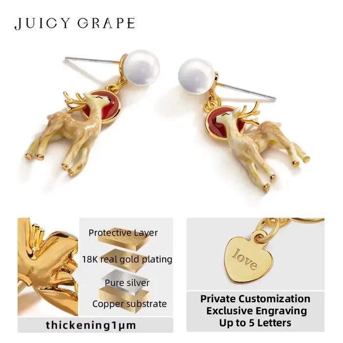Juciy raisin 3D stéréoscopique Sika cerf boucles d'oreilles 925 argent aiguille à la main émail bijoux cerf boucles d'oreilles cadeau Unique