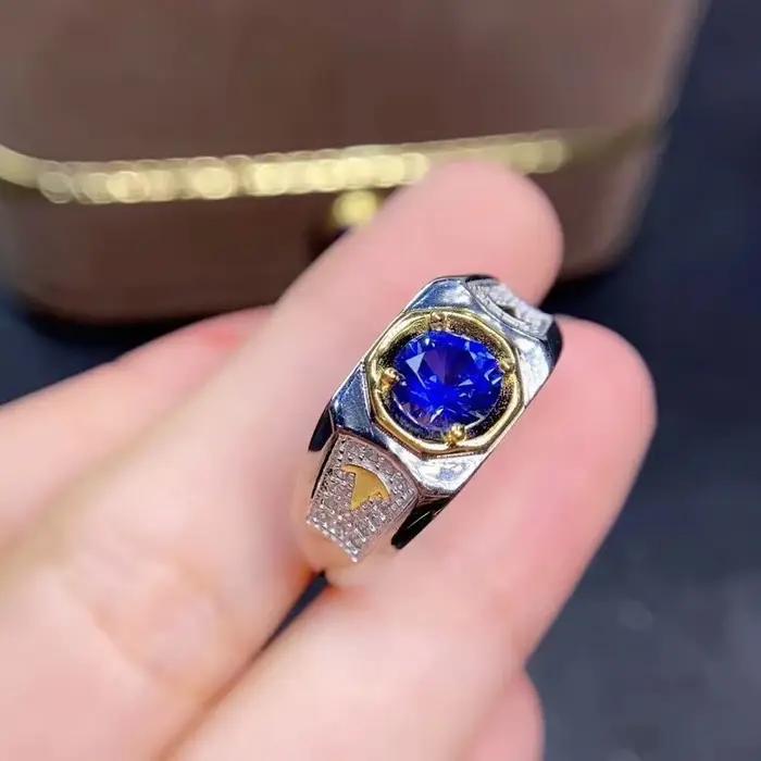Bague en argent 925 sertie de saphir bleu royal pour hommes, pierre précieuse naturelle, excellente coupe, alliance de mariage, cadeau d'anniversaire, soirée, cérémonie, entretien facile, certifiée CMA
