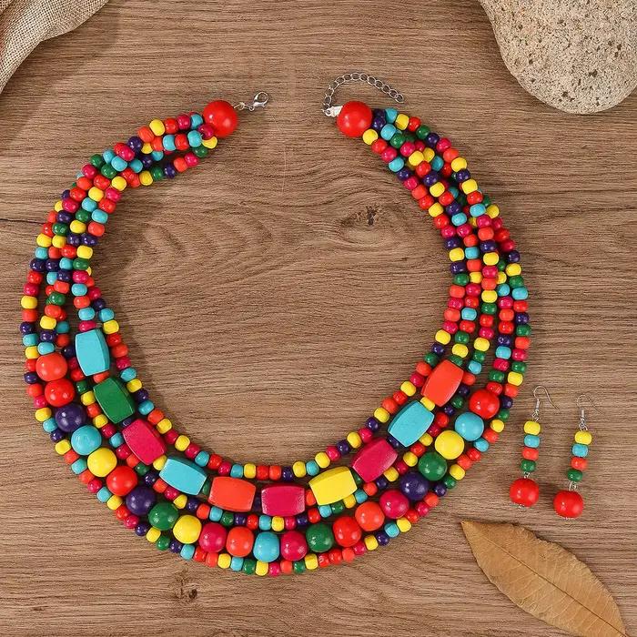 Ensemble de bijoux bohème en perles de bois