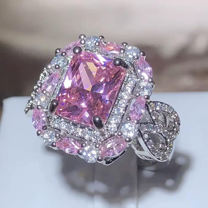 Bague carrée en Zircon rose scintillant pour femme