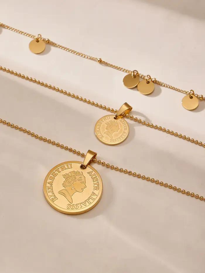 Collier long pour femme en acier inoxydable plaqué or avec pendentif rond motif portrait de reine et pompon bijou de luxe pour banquet et anniversaire