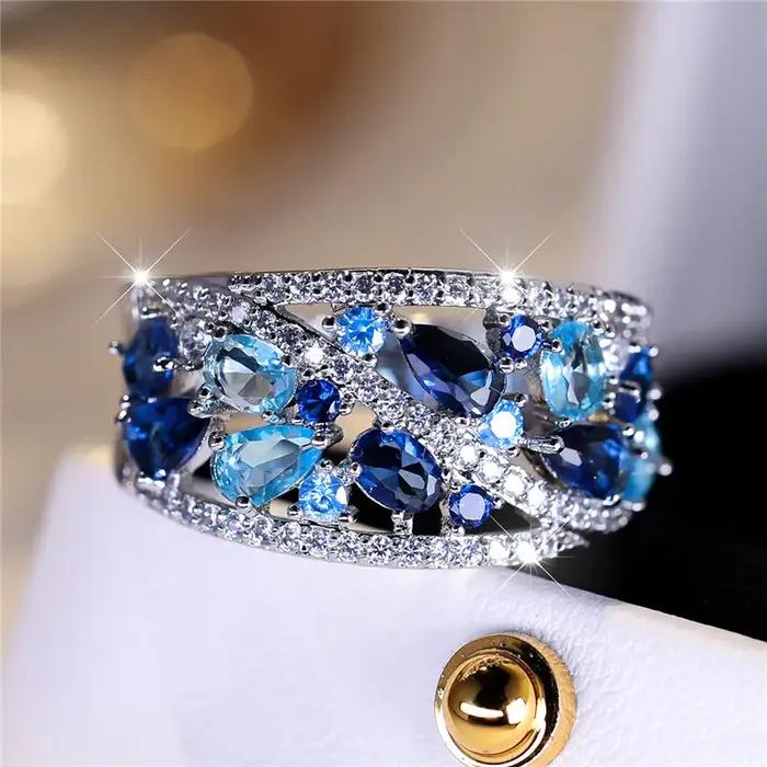 Bague de luxe en pierre de Zircon bleu pour femme