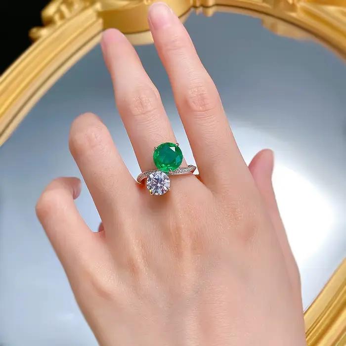 Bague en argent sterling 925 sérénité et élégance vintage avec émeraude et diamants à haute teneur en carbone pour femmes occasions spéciales anniversaires