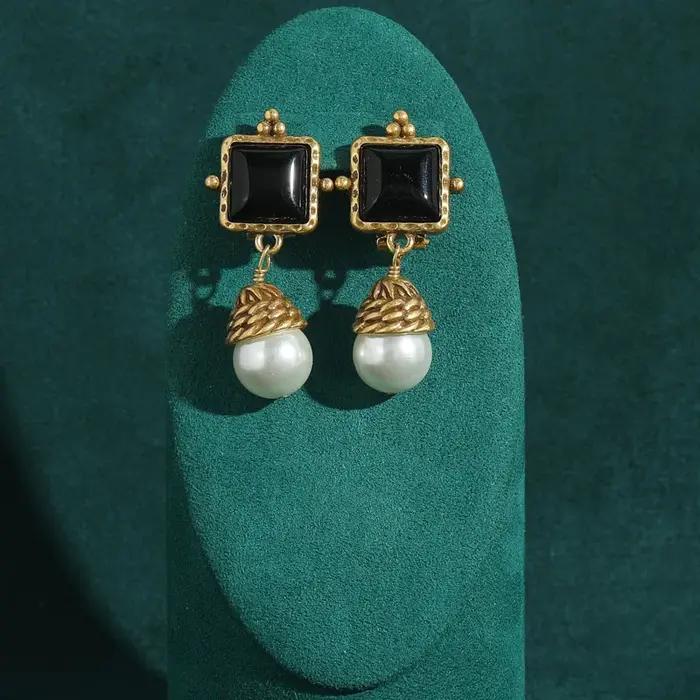 Boucles d'oreilles en perles de pierre noire pour femmes