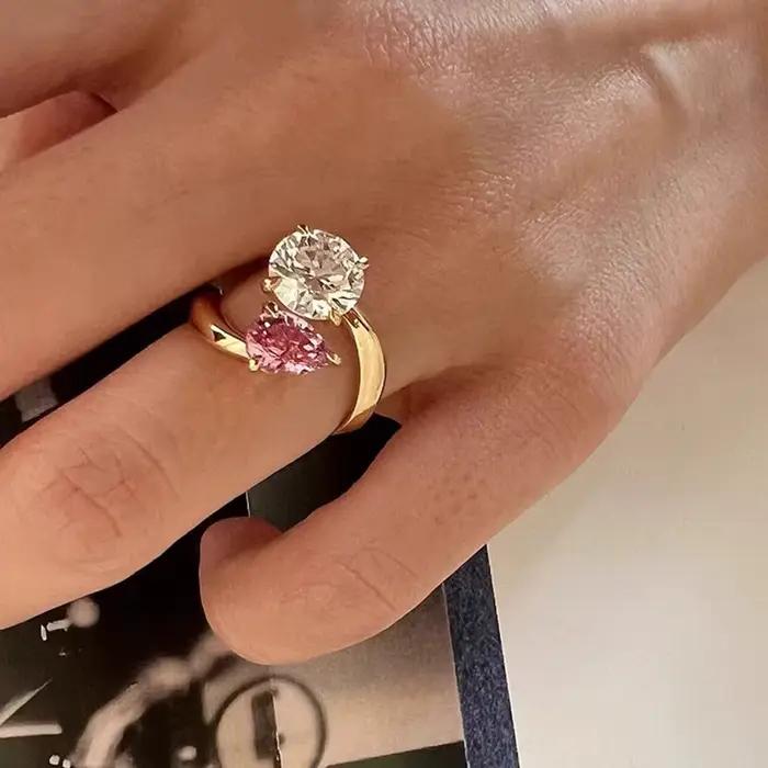 Bagues en diamant rose double couleur en forme de gouttelette d'eau pour femmes