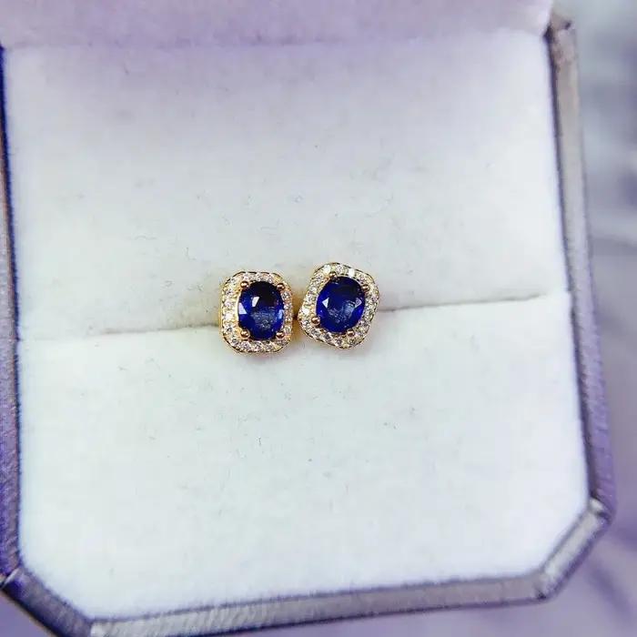 Magnifiques boucles d'oreilles en saphir bleu naturel pour femmes, fabriquées en argent sterling S92
