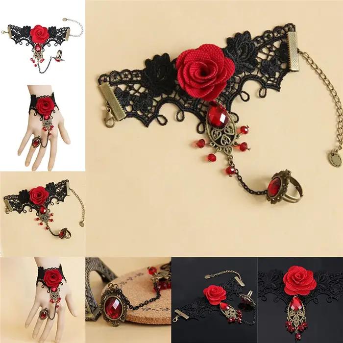 Bracelet Rose Rouge en Dentelle de Style Gothique Élégant