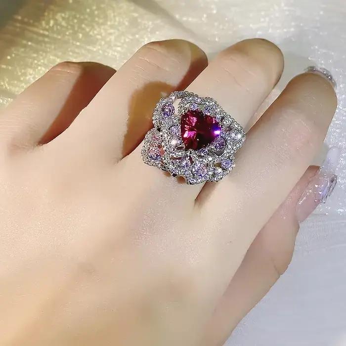 Bague en Argent Sterling 925 Sertie de Rubis et Zircone Cubique Luxueuse pour Femmes Occasions Spéciales Mariage Fiançailles Nouvel An Saint Valentin Pâques Fête des Mères
