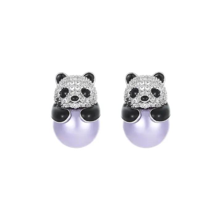 Boucles d'oreilles panda mignonnes en zircon micro-pavé et perles