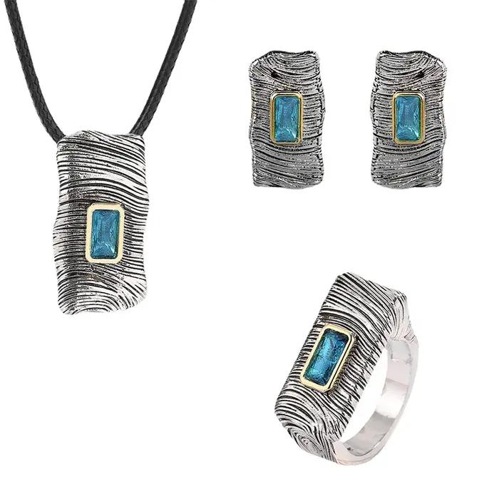 Ensemble de bijoux vintage trois pièces pour femmes, incrusté bleu, artisanat de Murcia, argent, noi