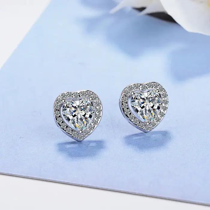 Boucles d'oreilles en argent 925 avec zircone en forme de cœur pour femmes et enfants