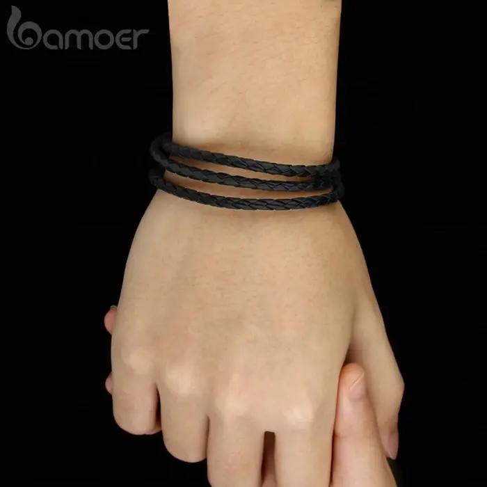 BAMOER Bracelet en cuir PU multicouche tressé longue chaîne boucle magnétique réglable unisexe pour femmes et hommes bijoux empilables
