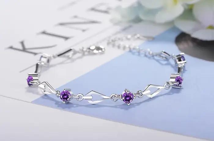 Bracelets en argent 925 pour femmes, bracelet tendance en argent sterling 925 avec améthyste, bracel