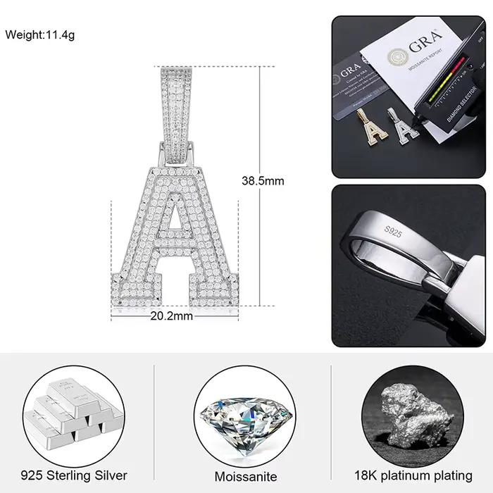 Moissanite A-Z Lettre Bijoux Collier Femmes Iced Out Prong Pendentif Personnalisé Charms Ared Super Star Hip Hop Punk