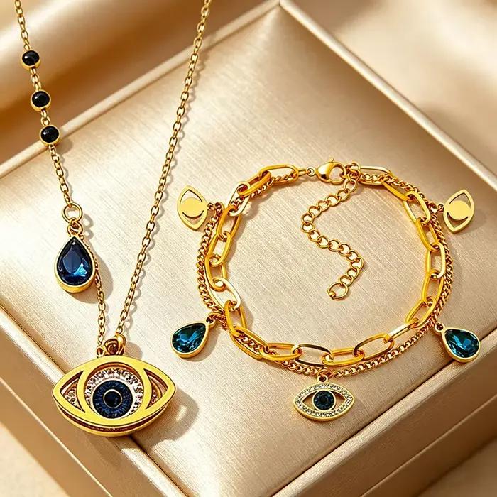 Ensemble de bijoux Evil Eye en acier inoxydable pour femmes collier bracelet bague boucle d'oreille protection porte-bonheur occasions spéciales fête anniversaire
