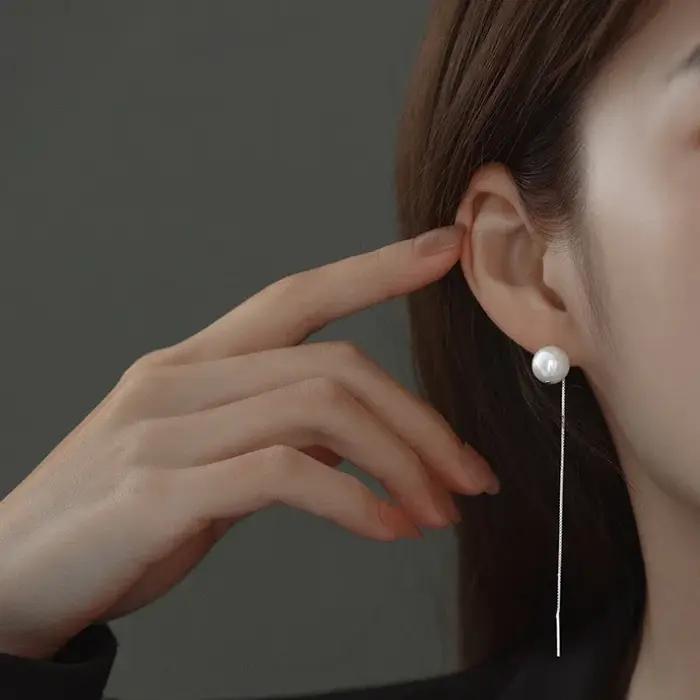 Seulement 925 en argent Sterling boucles d'oreilles élégantes pour les femmes enfileur perle boucle d'oreille balancent oreille ligne longue chaîne bijoux de mode