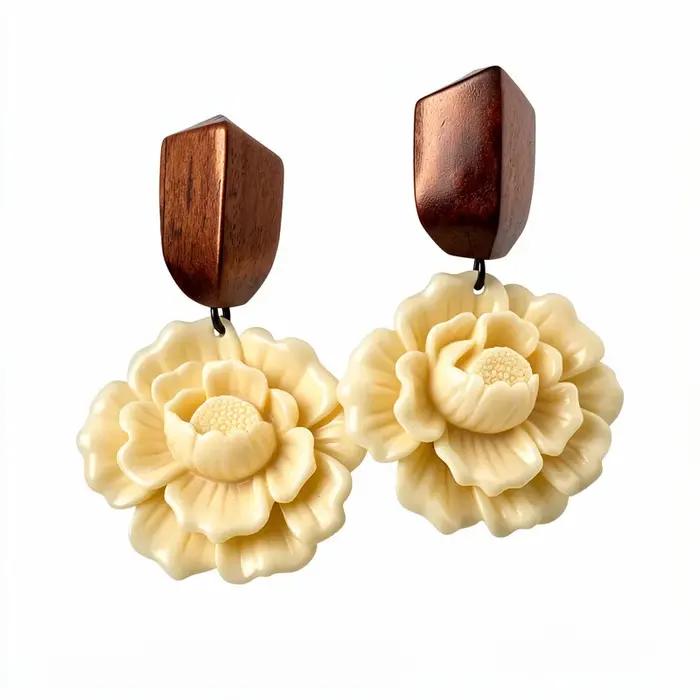 Boucles d'oreilles pendantes en résine de bois et fleurs