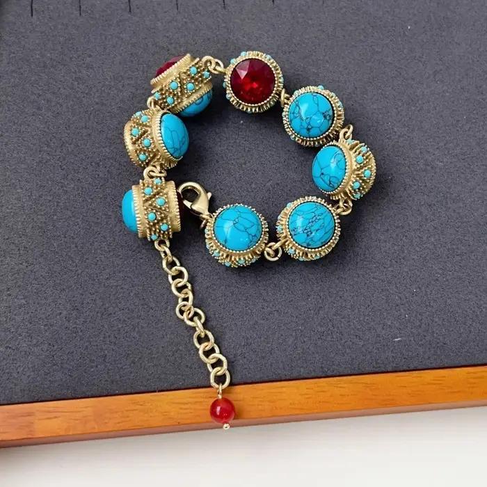 Bracelet Bohème Rétro Turquoise & Rubis Style Palais Luxe Vintage Chaîne de Main pour Femme