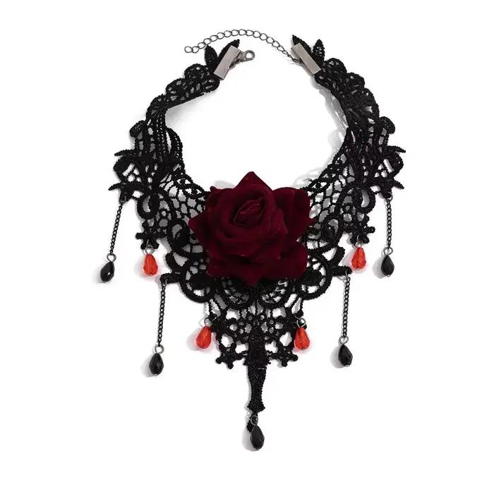 2025 Collier rose en dentelle Dark Romance - Bijoux gothiques d'Halloween pour femme