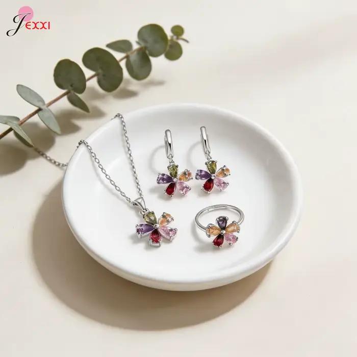Ensemble de bijoux en argent Sterling 925 véritable pour femmes, pendentif fleur en cristal coloré,