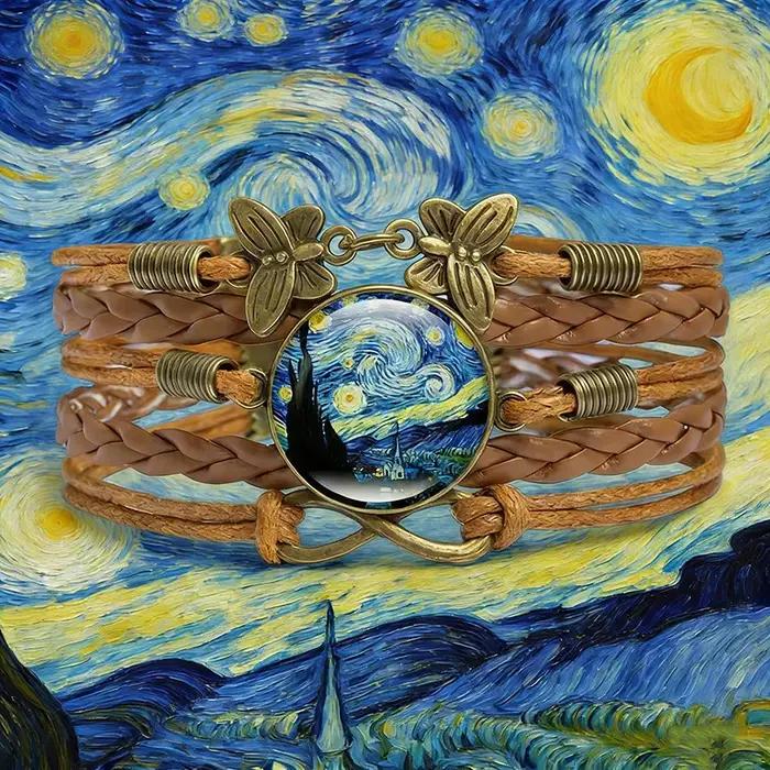 Vintage Van Gogh nuit étoilée dôme en verre Bracelet en cuir Bronze plaqué papillon Bracelets pour femme