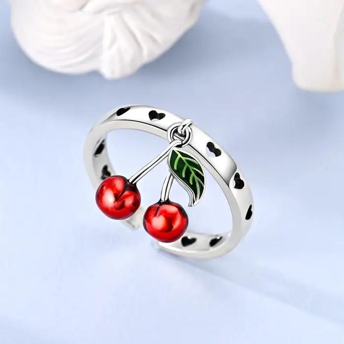 Bague ouverte en argent sterling 925 avec cerise mignonne et cœur en émail rouge
