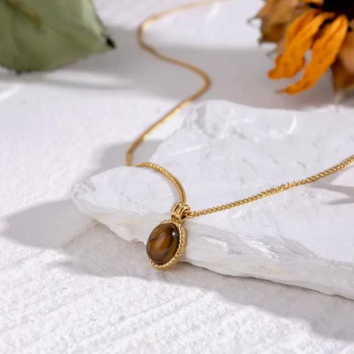 Zora – collier avec pendentif ovale en pierre d'oeil de tigre, en acier inoxydable plaqué or 18 carats, bijoux étanches