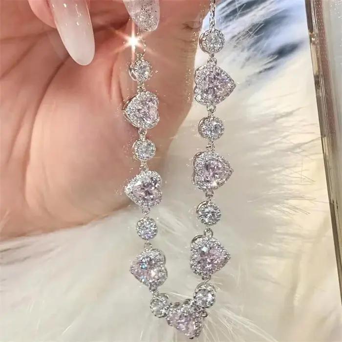 Bracelet de luxe en forme de cœur en pierre rose pour petite amie