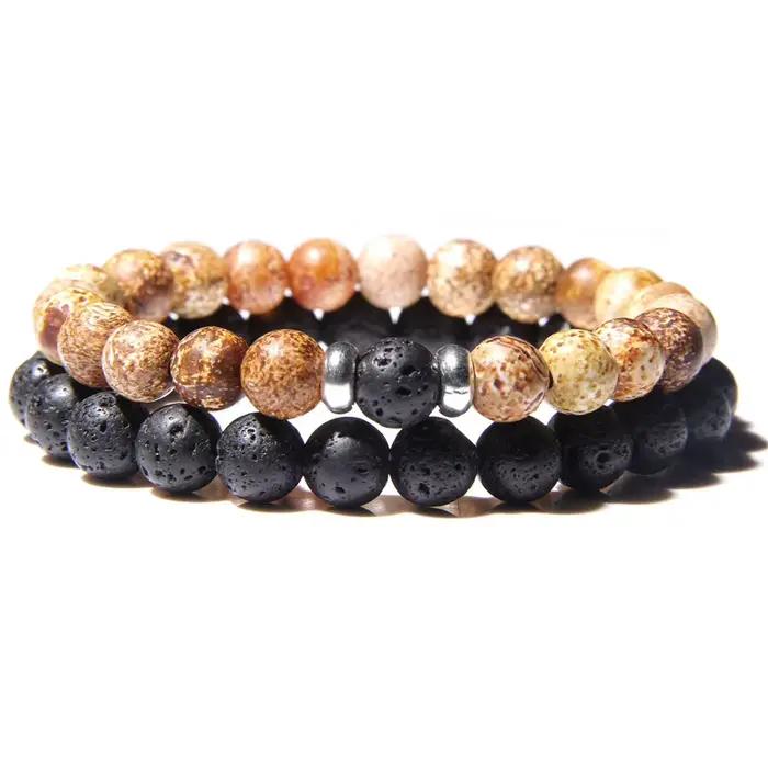 2 pièces/ensemble Couples Distance Bracelets mâle noir pierre de lave perles bracelet femme bois perles bracelets porte-bonheur femmes hommes Bracelets