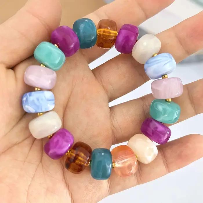 Bracelet élastique rond en résine pour femme, couleur or, perles baril PVD, grand acier inoxydable, étanche, fait main, DIY, bleu beige