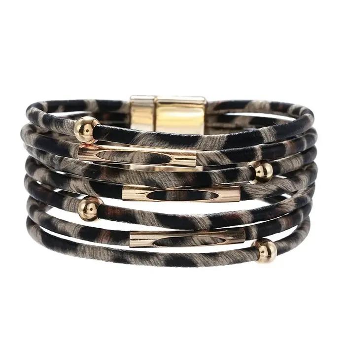 Bracelet en cuir imprimé léopard rétro en métal