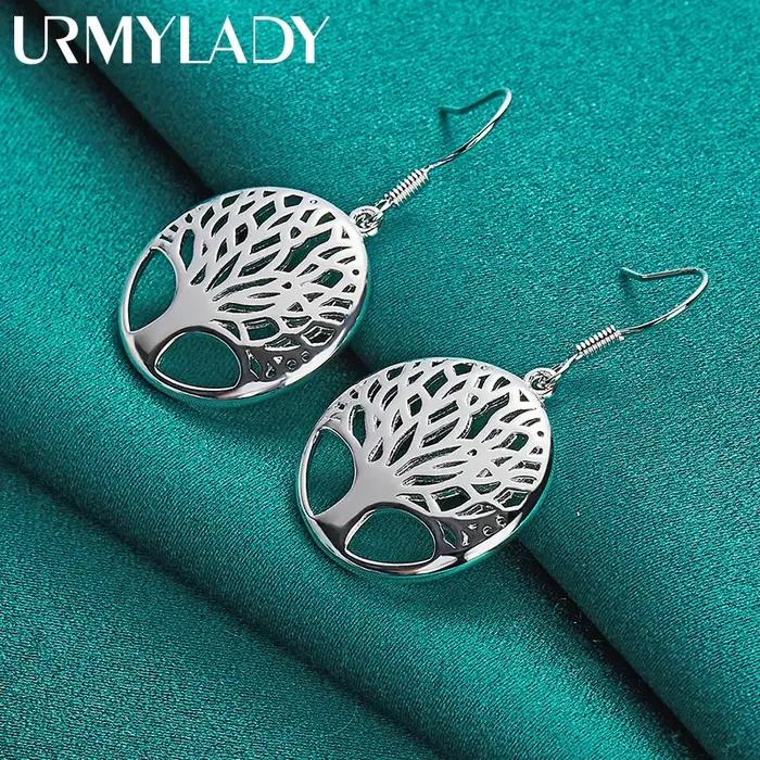 URMYLADY 925 en argent Sterling rond arbre de vie boucles d'oreilles crochet d'oreille Eardrop pour les femmes mode mariage fiançailles charme bijoux