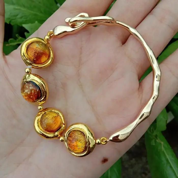 YYGEM 16mm doré marron Murano verre plaqué or Bracelet asymétrique perlé