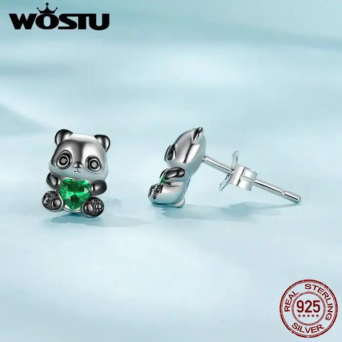 WOSTU 925 en argent Sterling belles boucles d'oreilles Panda avec coeur vert cristal ours rose boucle d'oreille de fête fille anniversaire bijoux cadeau
