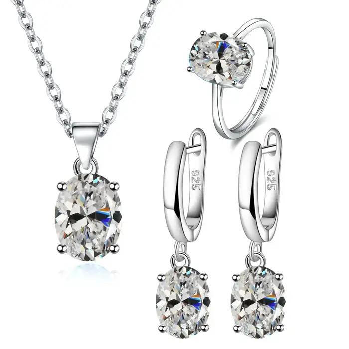 Ensemble de bijoux élégants en argent Sterling 925 pour femmes, bague en Zircon Ellipse, collier, bo