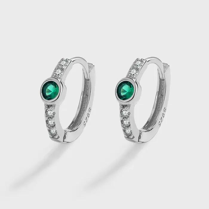 Boucle d'oreille ronde en émeraude pour femme, bijou classique à une rangée de diamants, en argent S
