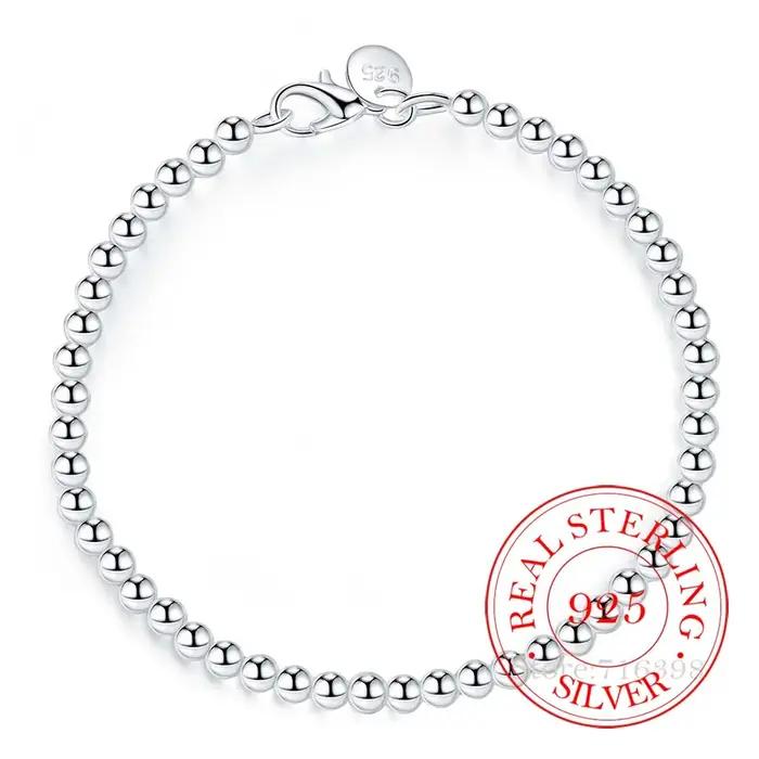 100% réel 925 Bracelet en argent Sterling pour femmes hommes Homme 4MM perles boule chaîne Bracelets