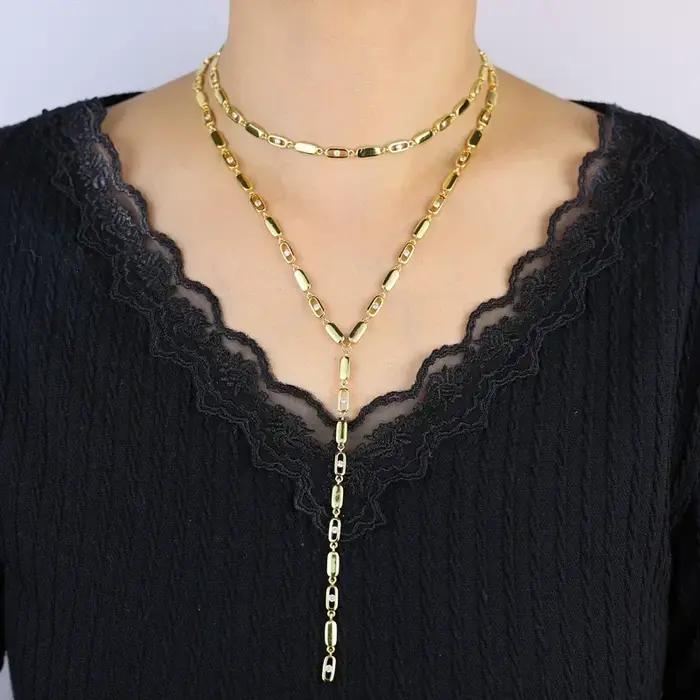 Nouveau Collier Ras du Cou en Y avec Breloques Géométriques Rectangulaires Bling Micro-Pavé CZ