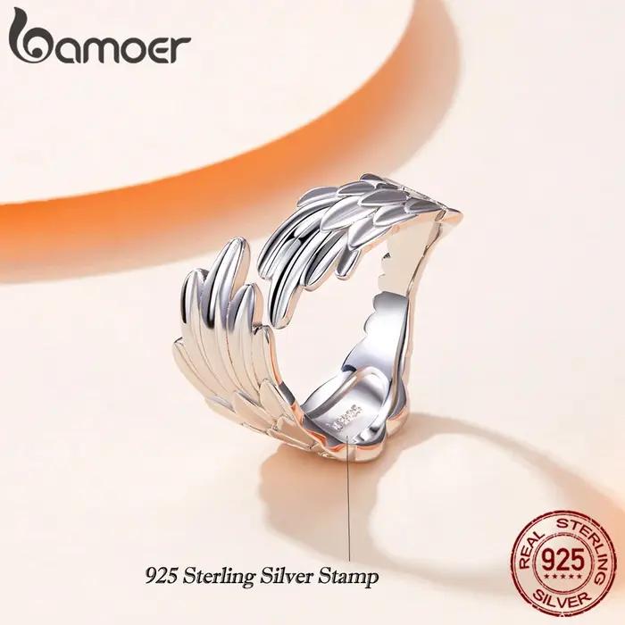 Bamoer 925 en argent Sterling ailes de gardien anneau ouvert aile d'ange réglable bague pour les femmes mode déclaration bijoux SCR512