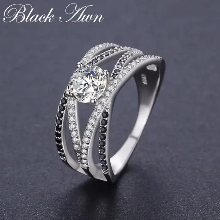 Nouveauté authentique 925 en argent Sterling femmes anneaux blanc/noir zircone bagues