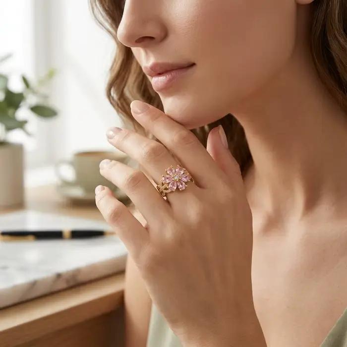 Ensemble de bagues ouvertes réglables en forme de fleur rose avec pierres en zircone cubique pour un usage quotidien et