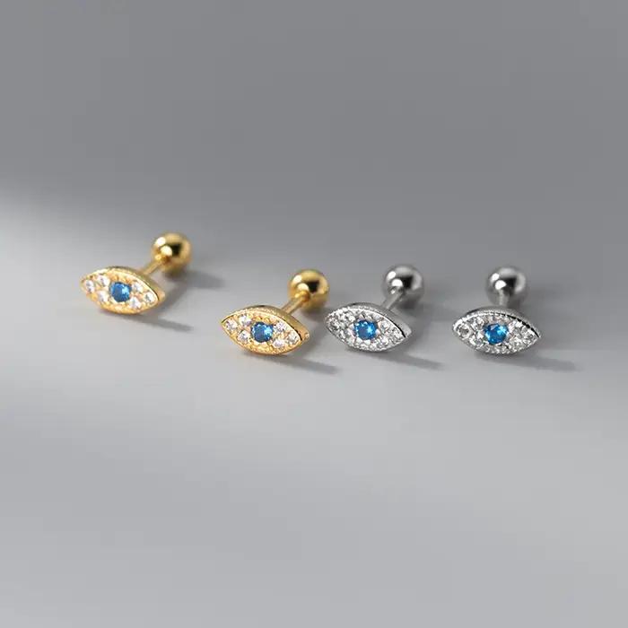 WANTME 925 en argent Sterling mode bleu Zircon oeil du diable vis perles boucles d'oreilles pour les femmes Simple mauvais œil Piercing bijoux