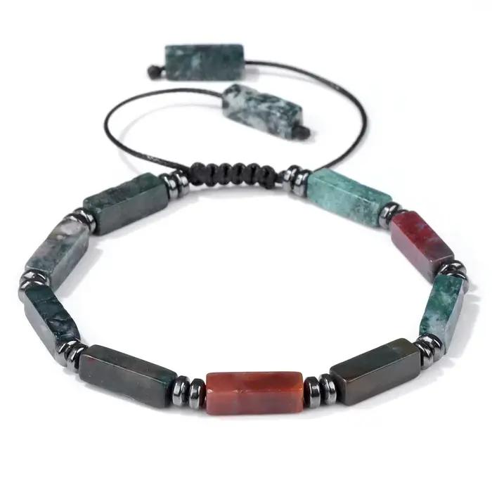 Bracelets de perles rectangulaires d'agates indiennes naturelles pour femmes et hommes, améthystes, corde tressée à la main, bijoux réglables