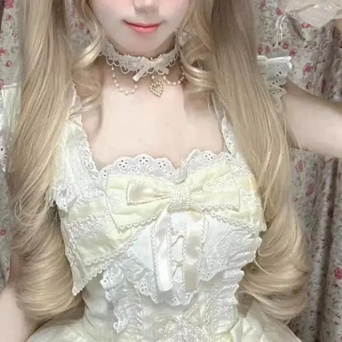 Collier en dentelle perlée Sweet Lolita Y2K avec ruban pour femme