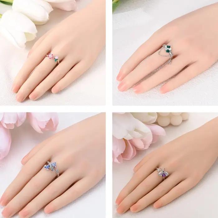 Trèfle réglable anneau 925 en argent Sterling Original rotatif fleur de cerisier anneaux ouverts pour les femmes bijoux de mariage cadeau