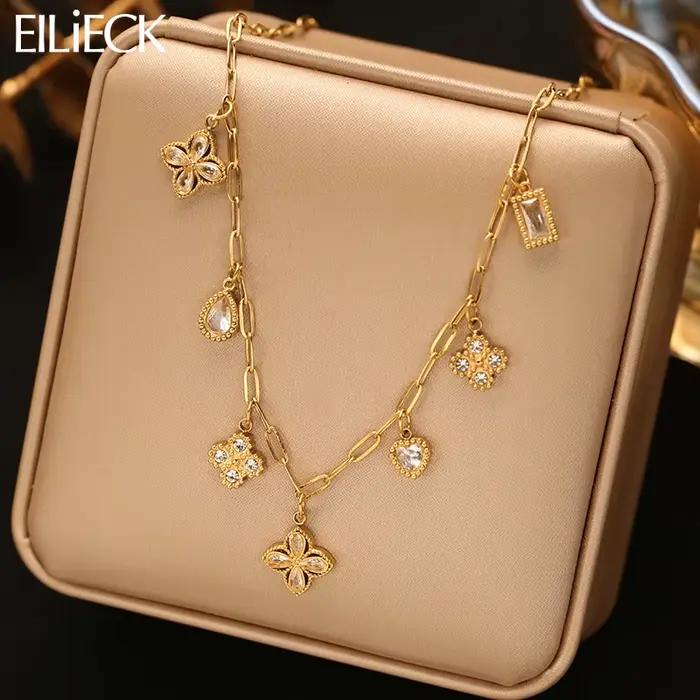 EILIECK Collier chic en forme de fleur avec zircone cubique brillante pour femme, en acier inoxydable, bijoux délicats et exquis pour femme